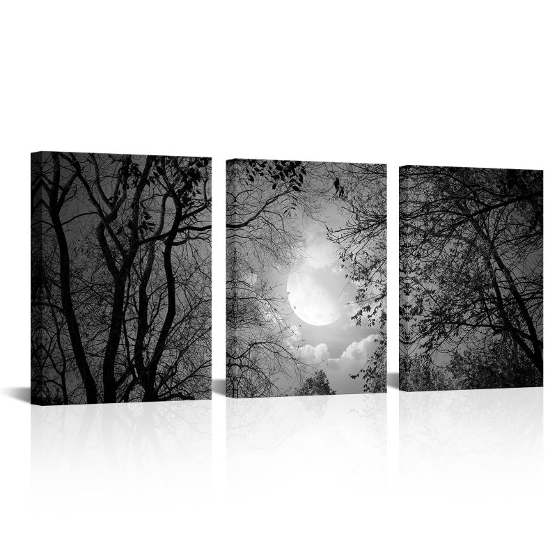 Visual Art Decor Black and White Full Moon Forest Trees Picture Goth Room Decor Canvas Wall Art Framed Artwork Gothic Home Decor Living Room Bedroom Home Office Decoration 3 Piece - Image 1